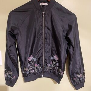 love, Fire Black Bomber Jacket with Floral Embroidery Light Weight